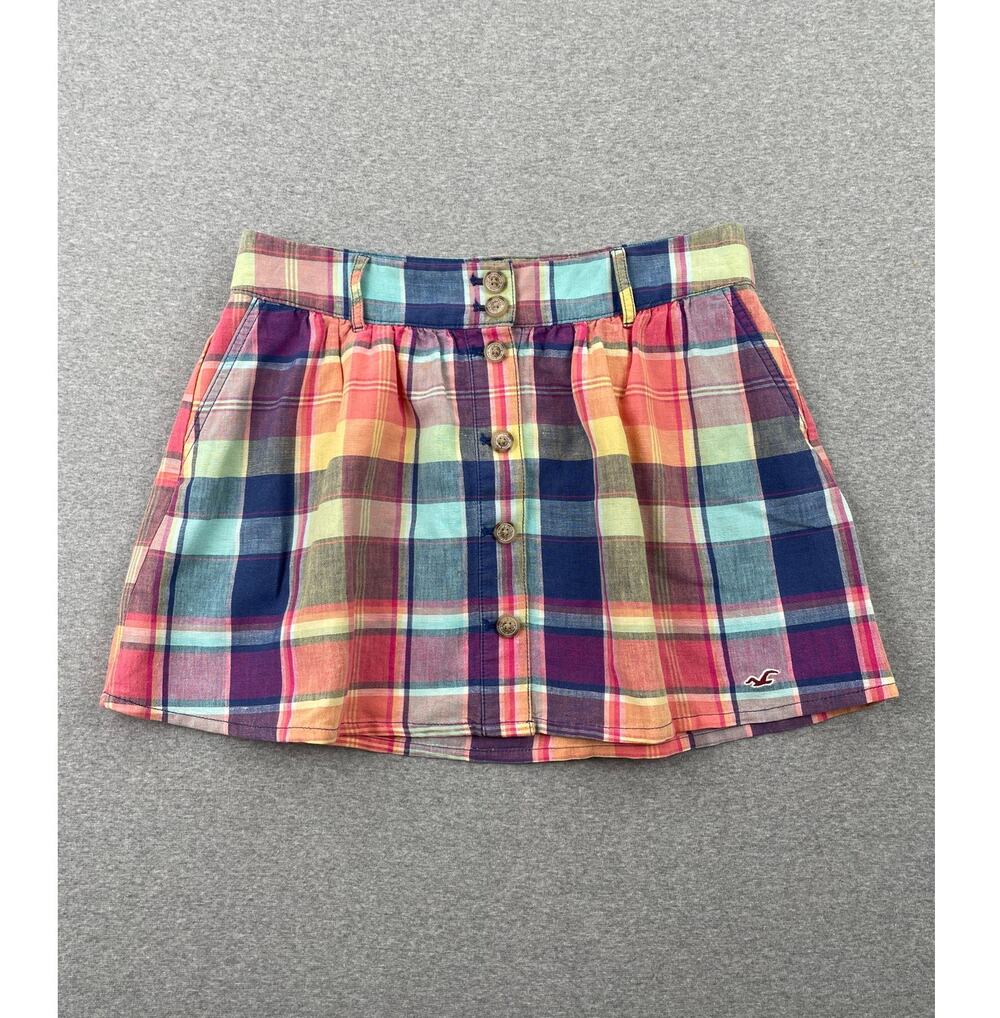 y2k Hollister Plaid Skirt Size S Multicolor Linen Blend Button-Front Pockets